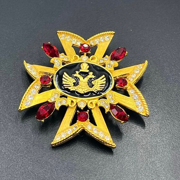 Russian Maltese Cross Red Rhinestone Black Enamel Pearl Crown Eagle Brooch - Picture 1 of 9